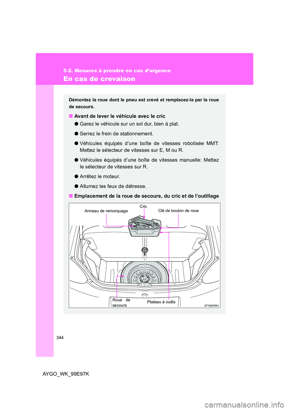 TOYOTA AYGO 2012  Notices Demploi (in French) 344
5-2. Mesures à prendre en cas d’urgence
AYGO_WK_99E97K
En cas de crevaison
Démontez la roue dont le pneu est crevé et remplacez-la par la roue 
de secours.
■ Avant de lever le véhicule ave
