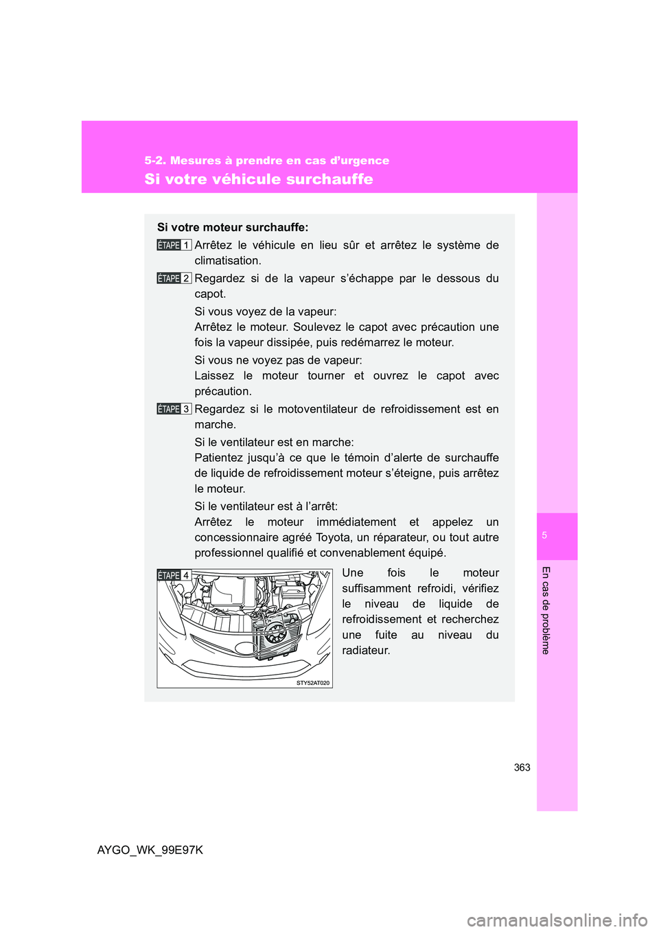 TOYOTA AYGO 2012  Notices Demploi (in French) 5
363
5-2. Mesures à prendre en cas d’urgence
En cas de problème
AYGO_WK_99E97K
Si votre véhicule surchauffe
Si votre moteur surchauffe: 
Arrêtez le véhicule en lieu sûr et arrêtez le systèm