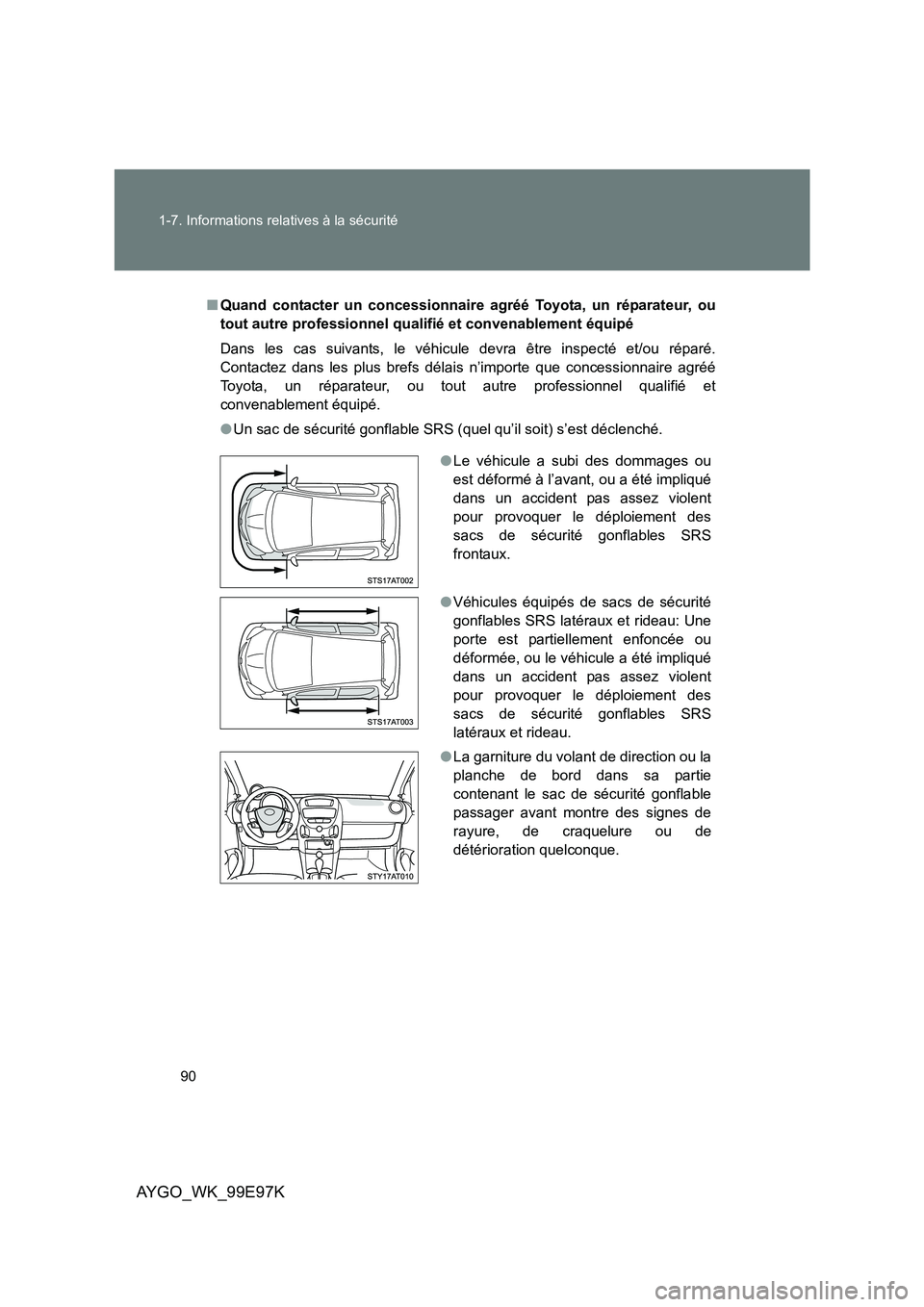 TOYOTA AYGO 2012  Notices Demploi (in French) 90 
1-7. Informations relatives à la sécurité
AYGO_WK_99E97K
■ Quand contacter un concessionnaire agréé Toyota, un réparateur, ou 
tout autre professionnel qualifié et convenablement équipé