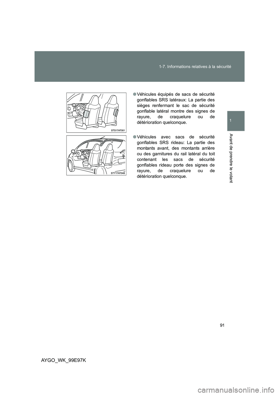 TOYOTA AYGO 2012  Notices Demploi (in French) 91 
1-7. Informations relatives à la sécurité
1
Avant de prendre le volant
AYGO_WK_99E97K
● Véhicules équipés de sacs de sécurité 
gonflables SRS latéraux: La partie des
sièges renfermant 
