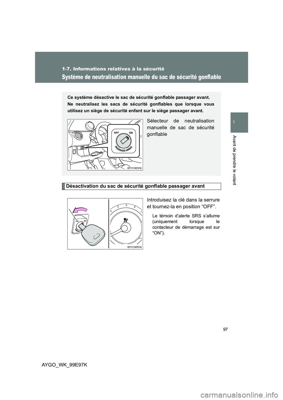 TOYOTA AYGO 2012  Notices Demploi (in French) 97
1
1-7. Informations relatives à la sécurité
Avant de prendre le volant
AYGO_WK_99E97K
Système de neutralisation manuelle du sac de sécurité gonflable
Désactivation du sac de sécurité gonfl