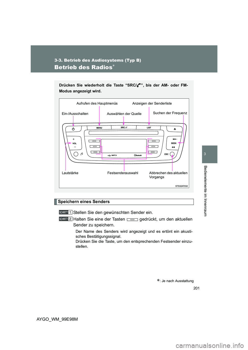 TOYOTA AYGO 2012  Betriebsanleitungen (in German) 201
3-3. Betrieb des Audiosystems (Typ B)
3
AYGO_WM_99E98M
Bedienelemente im Innenraum
Betrieb des Radios∗
Speichern eines Senders 
Stellen Sie den gewünschten Sender ein. 
Halten Sie eine der Tast