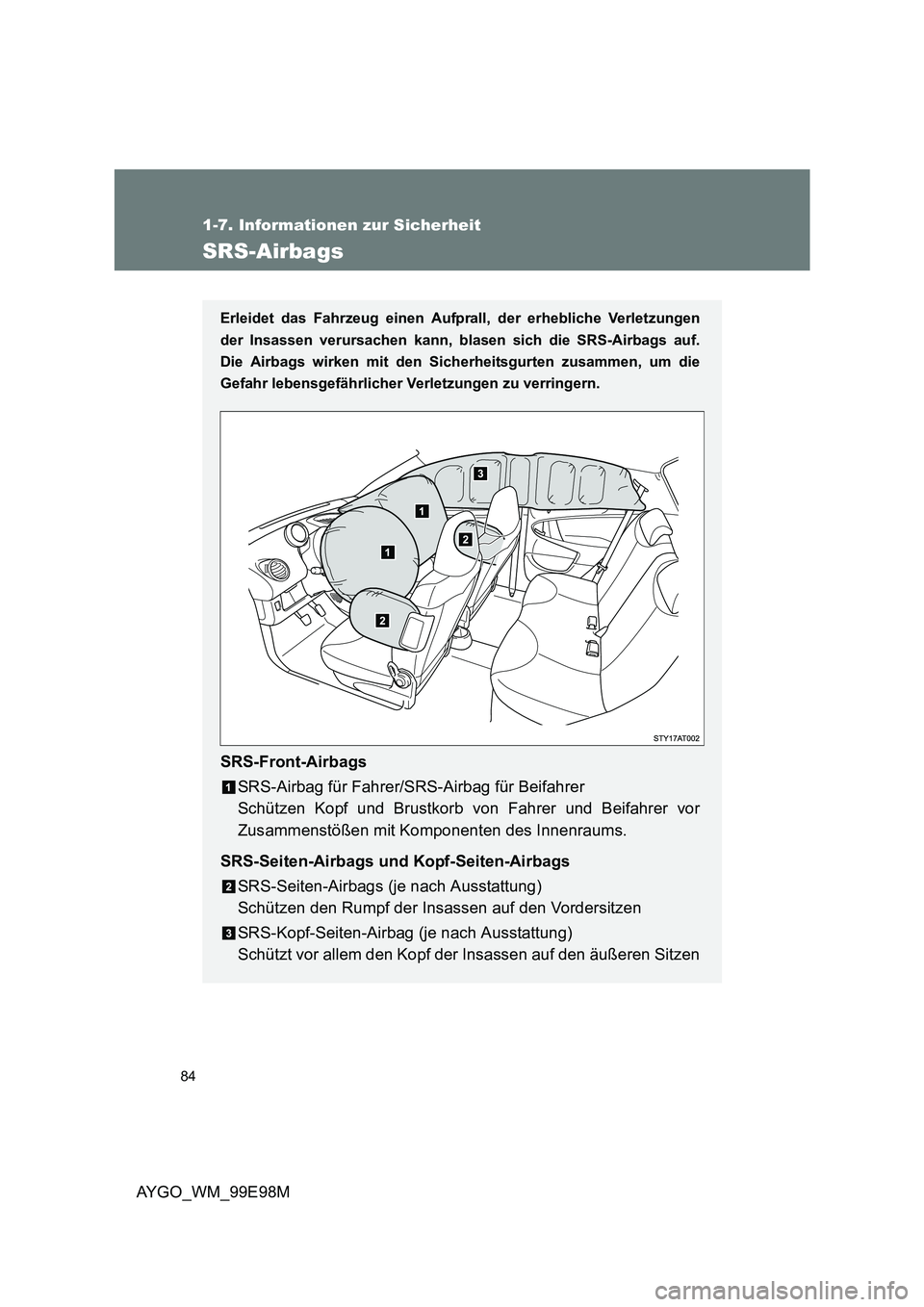 TOYOTA AYGO 2012  Betriebsanleitungen (in German) 84
1-7. Informationen zur Sicherheit
AYGO_WM_99E98M
SRS-Airbags
Erleidet das Fahrzeug einen Aufprall, der erhebliche Verletzungen 
der Insassen verursachen kann, blasen  sich die SRS-Airbags auf. 
Die