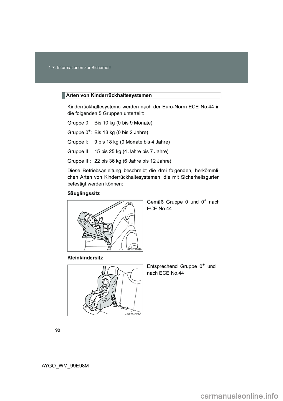 TOYOTA AYGO 2012  Betriebsanleitungen (in German) 98 
1-7. Informationen zur Sicherheit
AYGO_WM_99E98M
Arten von Kinderrückhaltesystemen 
Kinderrückhaltesysteme werden nach der Euro-Norm ECE No.44 in 
die folgenden 5 Gruppen unterteilt: 
Gruppe 0: 