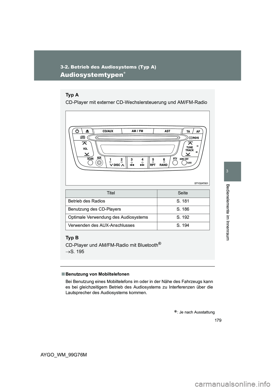 TOYOTA AYGO 2013  Betriebsanleitungen (in German) 179
3
AYGO_WM_99G76M
Bedienelemente im Innenraum
3-2. Betrieb des Audiosystems (Typ A)
Audiosystemtypen∗
∗: Je nach Ausstattung
■Benutzung von Mobiltelefonen 
Bei Benutzung eines Mobiltelefons i