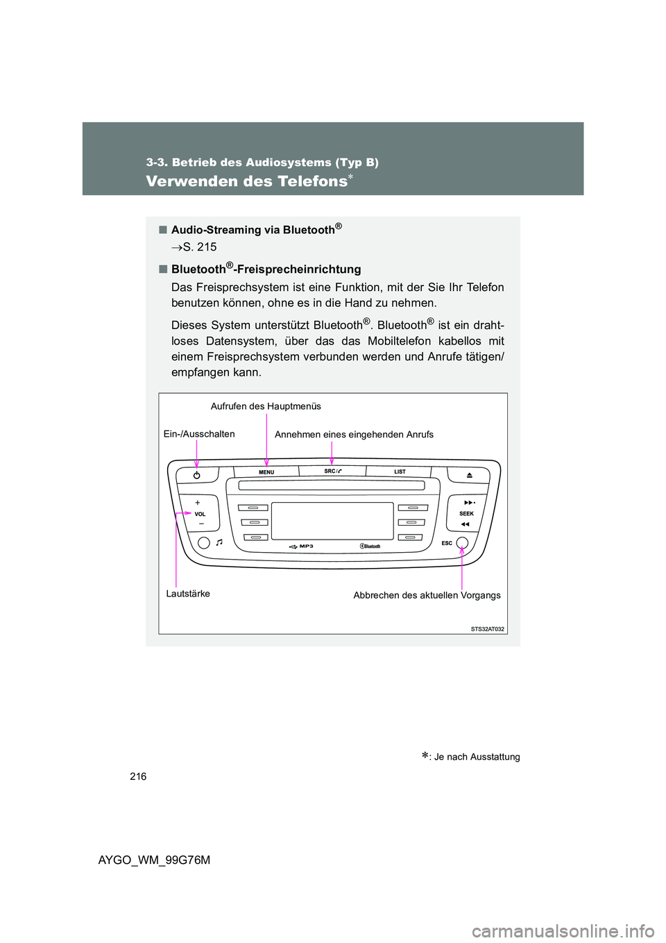 TOYOTA AYGO 2013  Betriebsanleitungen (in German) 216
3-3. Betrieb des Audiosystems (Typ B)
AYGO_WM_99G76M
Verwenden des Telefons∗
∗: Je nach Ausstattung
■Audio-Streaming via Bluetooth®
→S. 215 
■ Bluetooth®-Freisprecheinrichtung 
Das Fre