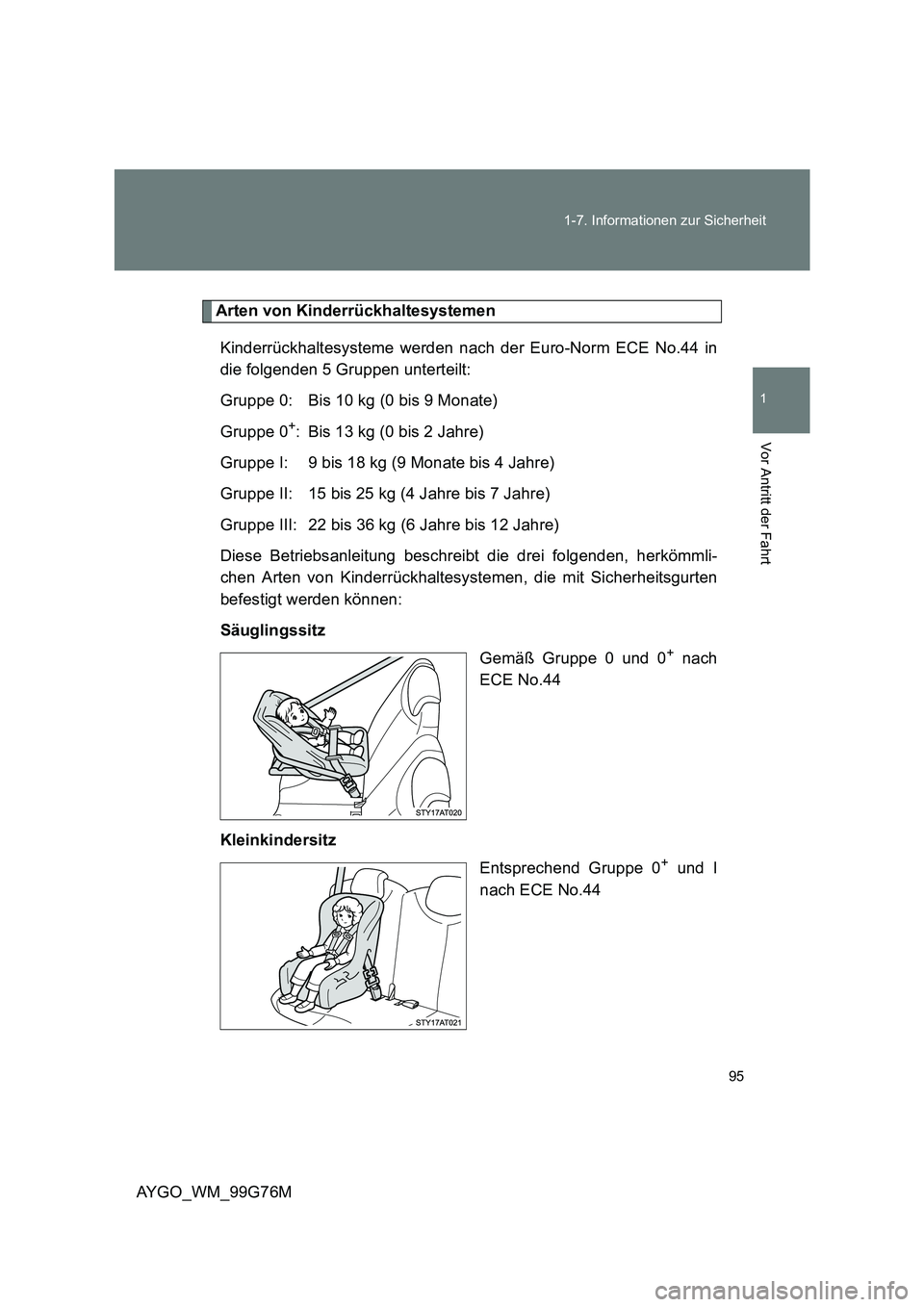 TOYOTA AYGO 2013  Betriebsanleitungen (in German) 95 
1-7. Informationen zur Sicherheit
1
Vor Antritt der Fahrt
AYGO_WM_99G76M
Arten von Kinderrückhaltesystemen 
Kinderrückhaltesysteme werden nach der Euro-Norm ECE No.44 in 
die folgenden 5 Gruppen