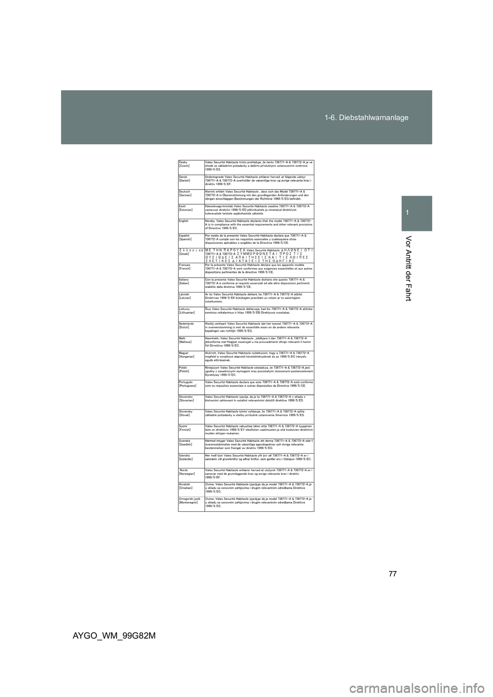 TOYOTA AYGO 2014  Betriebsanleitungen (in German) 77 
1-6. Diebstahlwarnanlage
1
Vor Antritt der Fahrt
AYGO_WM_99G82M 