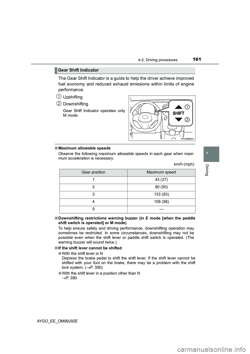 TOYOTA AYGO 2015  Owners Manual (in English) 1614-2. Driving procedures
4
Driving
AYGO_EE_OM99J92E
The Gear Shift Indicator is a guide to help the driver achieve improved 
fuel economy and reduced exhaust emissions within limits of engine 
perfo
