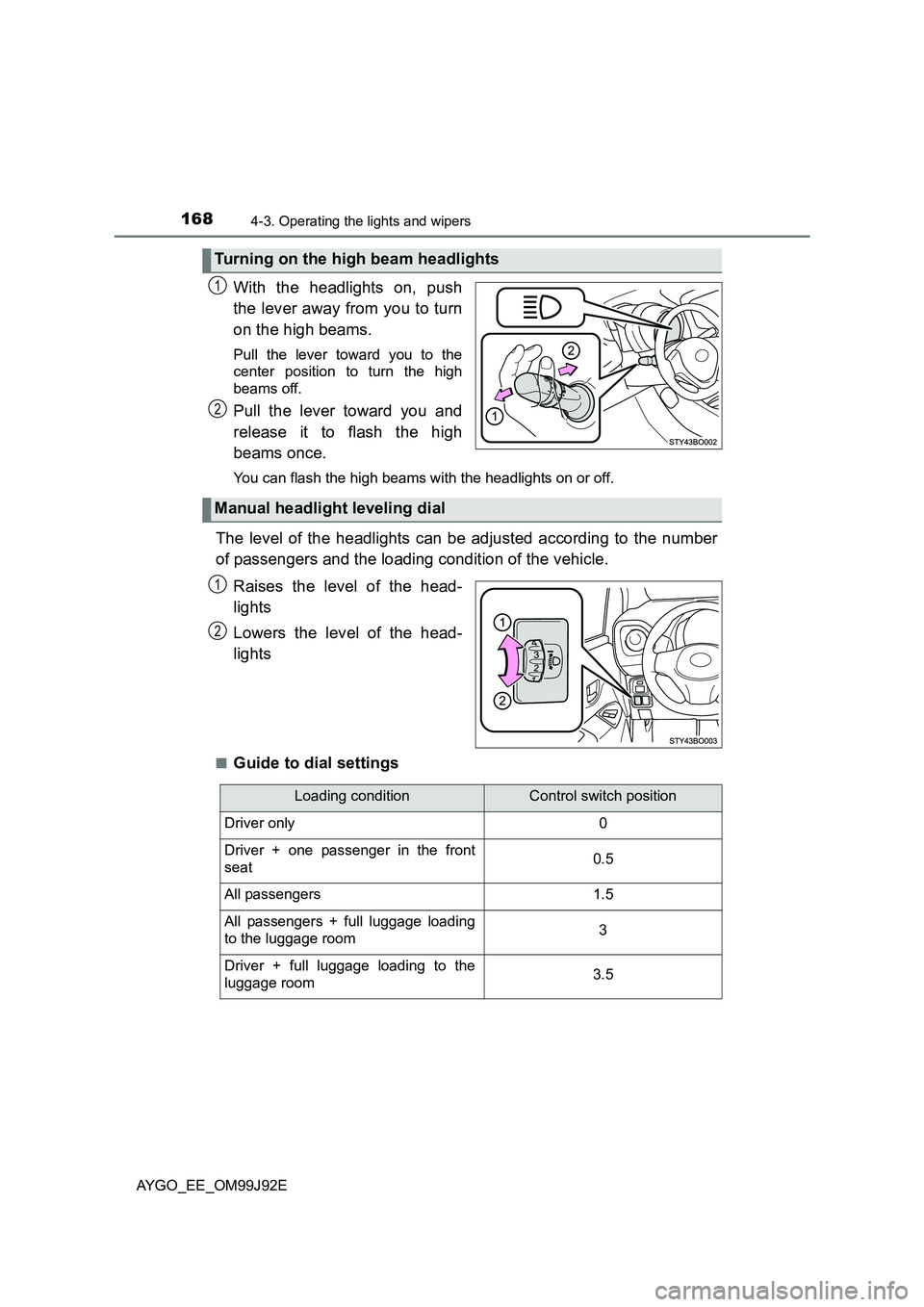 TOYOTA AYGO 2015  Owners Manual (in English) 1684-3. Operating the lights and wipers
AYGO_EE_OM99J92E
With the headlights on, push 
the lever away from you to turn 
on the high beams. 
Pull the lever toward you to the 
center position to turn th