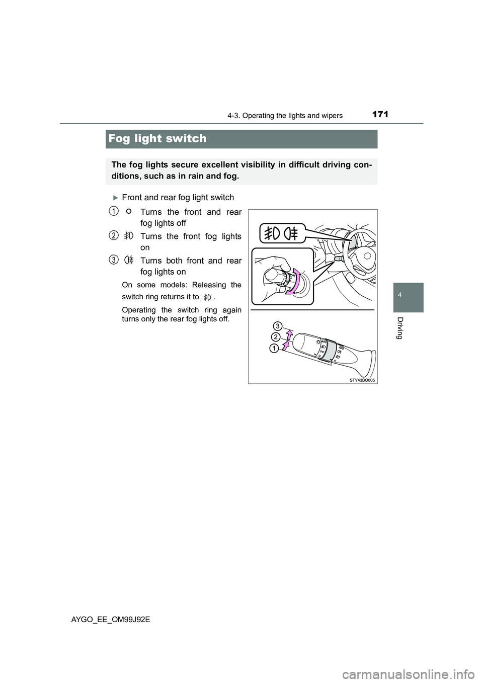 TOYOTA AYGO 2015  Owners Manual (in English) 171
4
4-3. Operating the lights and wipers
Driving
AYGO_EE_OM99J92E
Fog light switch
�XFront and rear fog light switch 
Turns the front and rear 
fog lights off 
Turns the front fog lights 
on 
Turns 