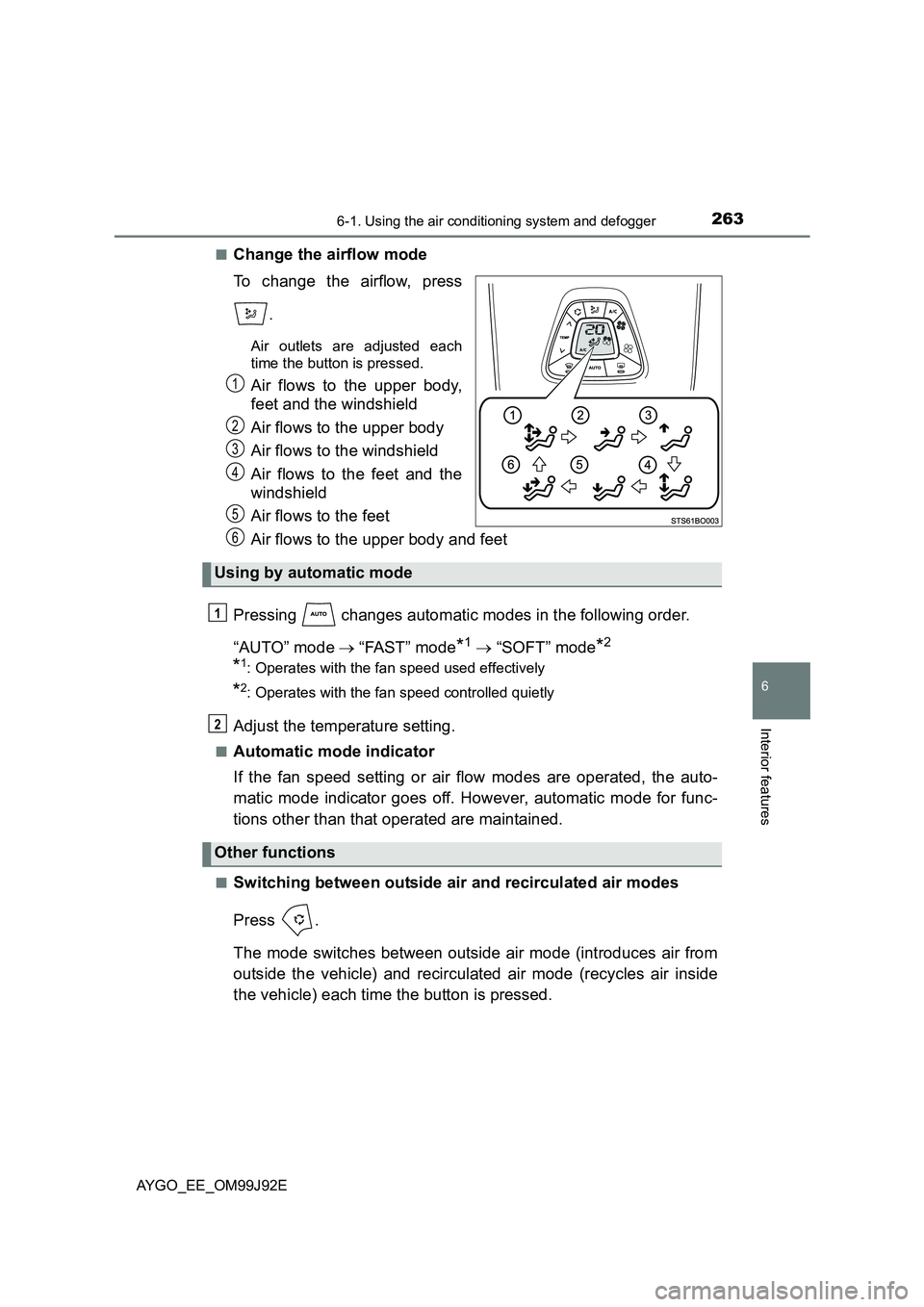 TOYOTA AYGO 2015  Owners Manual (in English) 2636-1. Using the air conditioning system and defogger
6
Interior features
AYGO_EE_OM99J92E 
■Change the airflow mode 
To change the airflow, press 
.
Air outlets are adjusted each 
time the button 