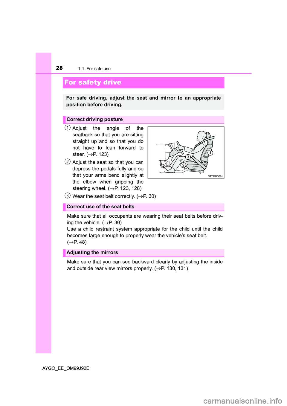 TOYOTA AYGO 2015  Owners Manual (in English) 281-1. For safe use
AYGO_EE_OM99J92E
For safety drive
Adjust the angle of the 
seatback so that you are sitting 
straight up and so that you do 
not have to lean forward to 
steer. ( →P. 123) 
Adjus