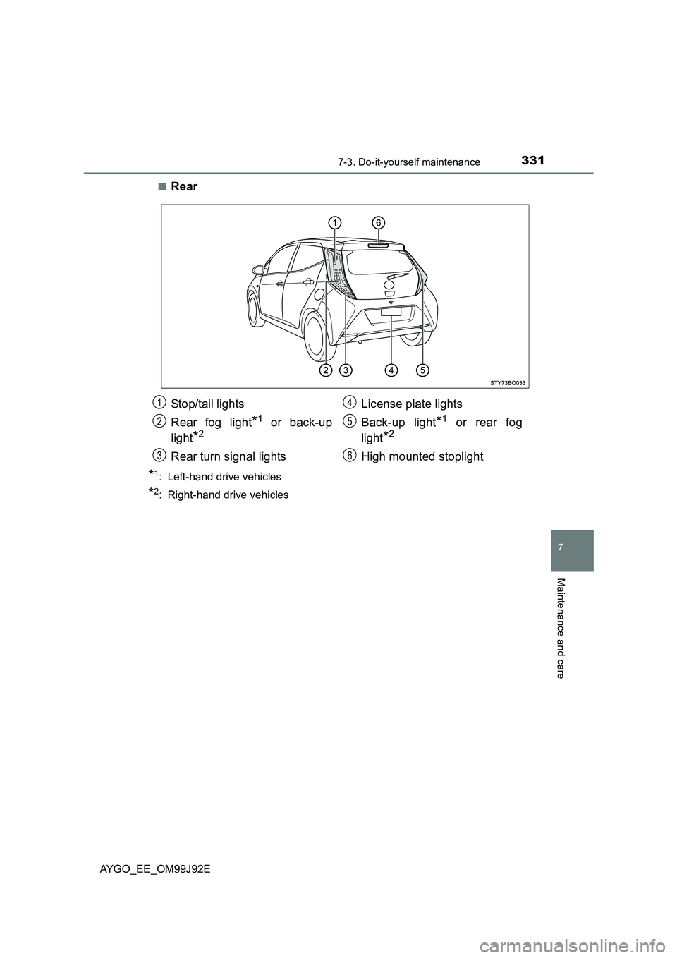 TOYOTA AYGO 2015  Owners Manual (in English) 3317-3. Do-it-yourself maintenance
7
Maintenance and care
AYGO_EE_OM99J92E 
■Rear
*1: Left-hand drive vehicles
*2: Right-hand drive vehicles
Stop/tail lights 
Rear fog light*1 or back-up 
light*2
Re