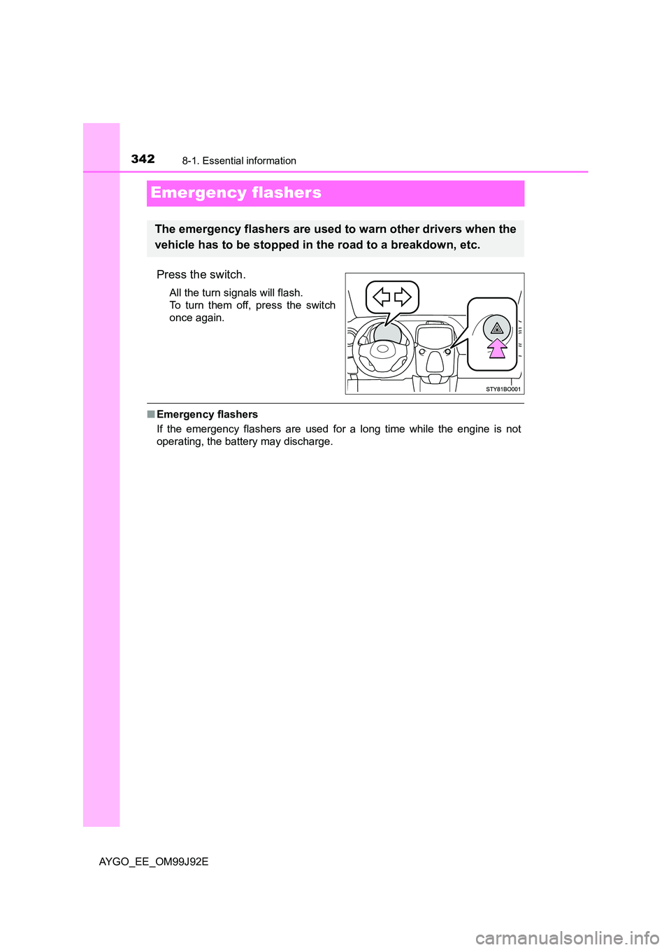 TOYOTA AYGO 2015  Owners Manual (in English) 3428-1. Essential information
AYGO_EE_OM99J92E
Emergency flashers
Press the switch.
All the turn signals will flash. 
To turn them off, press the switch
once again.
■ Emergency flashers 
If the emer