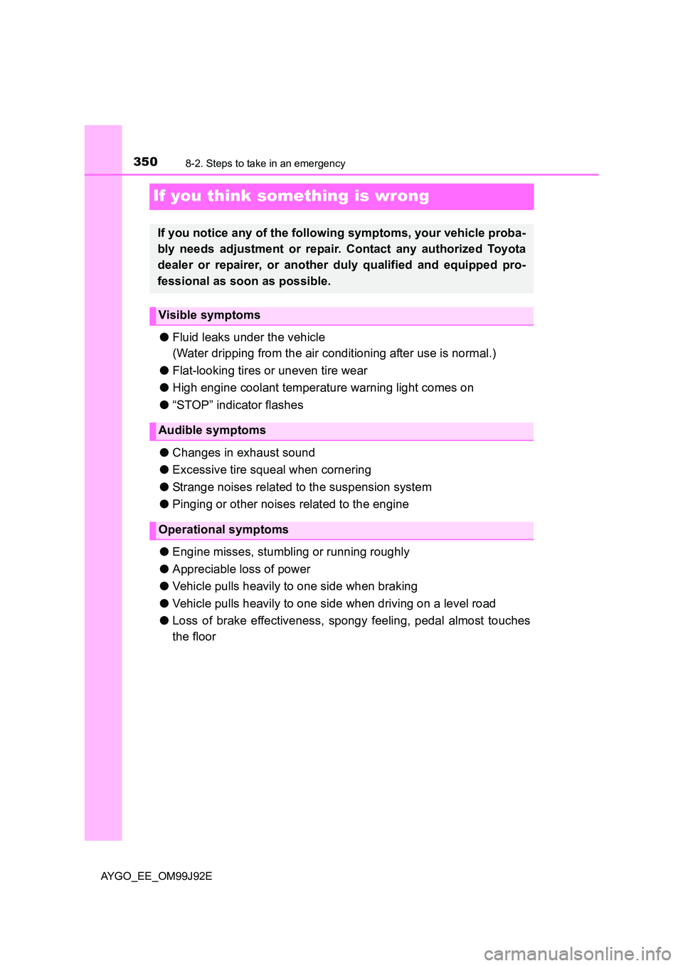 TOYOTA AYGO 2015  Owners Manual (in English) 3508-2. Steps to take in an emergency
AYGO_EE_OM99J92E
If you think something is wrong
●Fluid leaks under the vehicle  
(Water dripping from the air conditioning after use is normal.) 
● Flat-look