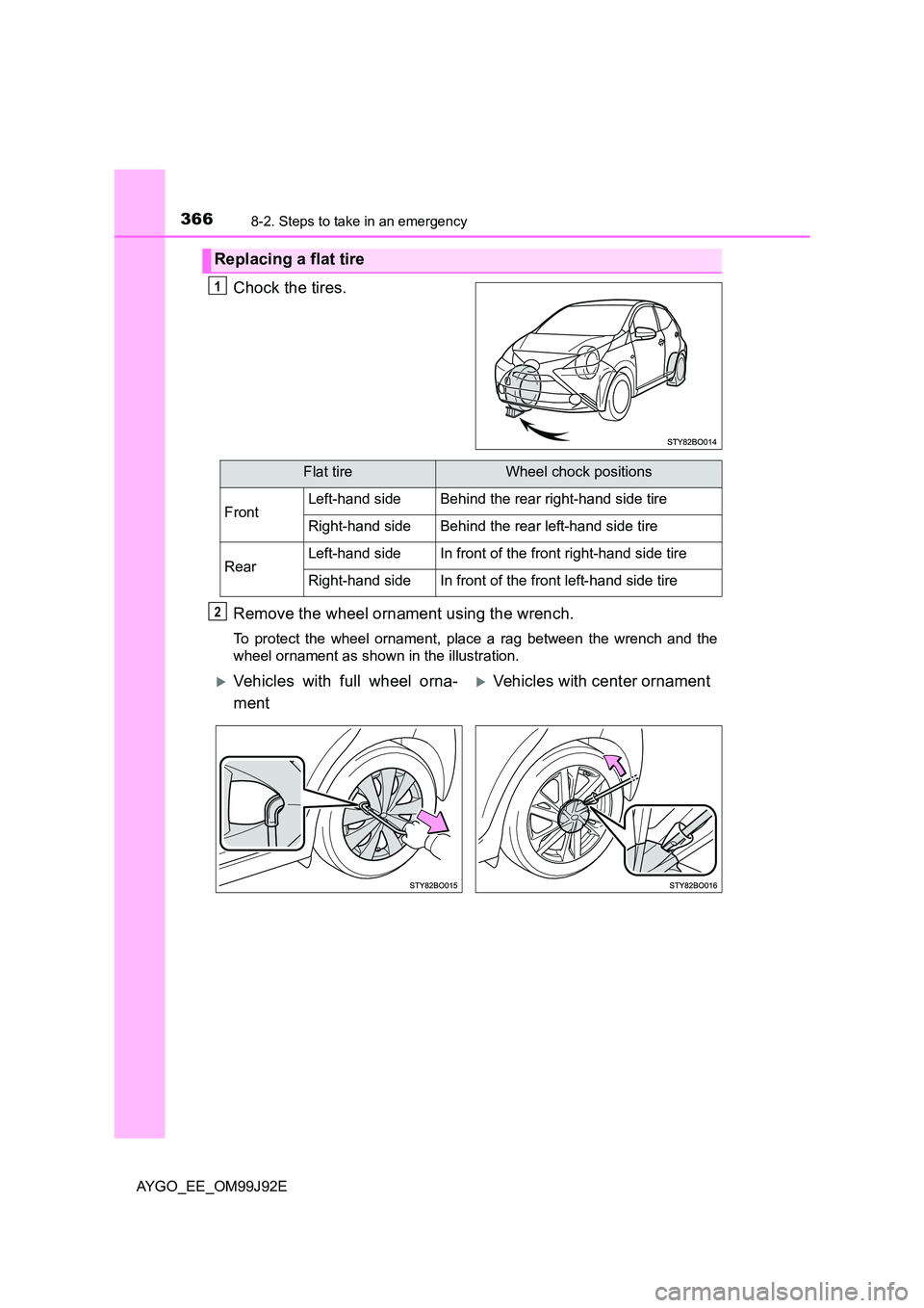 TOYOTA AYGO 2015  Owners Manual (in English) 3668-2. Steps to take in an emergency
AYGO_EE_OM99J92E
Chock the tires. 
Remove the wheel ornament using the wrench.
To protect the wheel ornament, place a rag between the wrench and the 
wheel orname