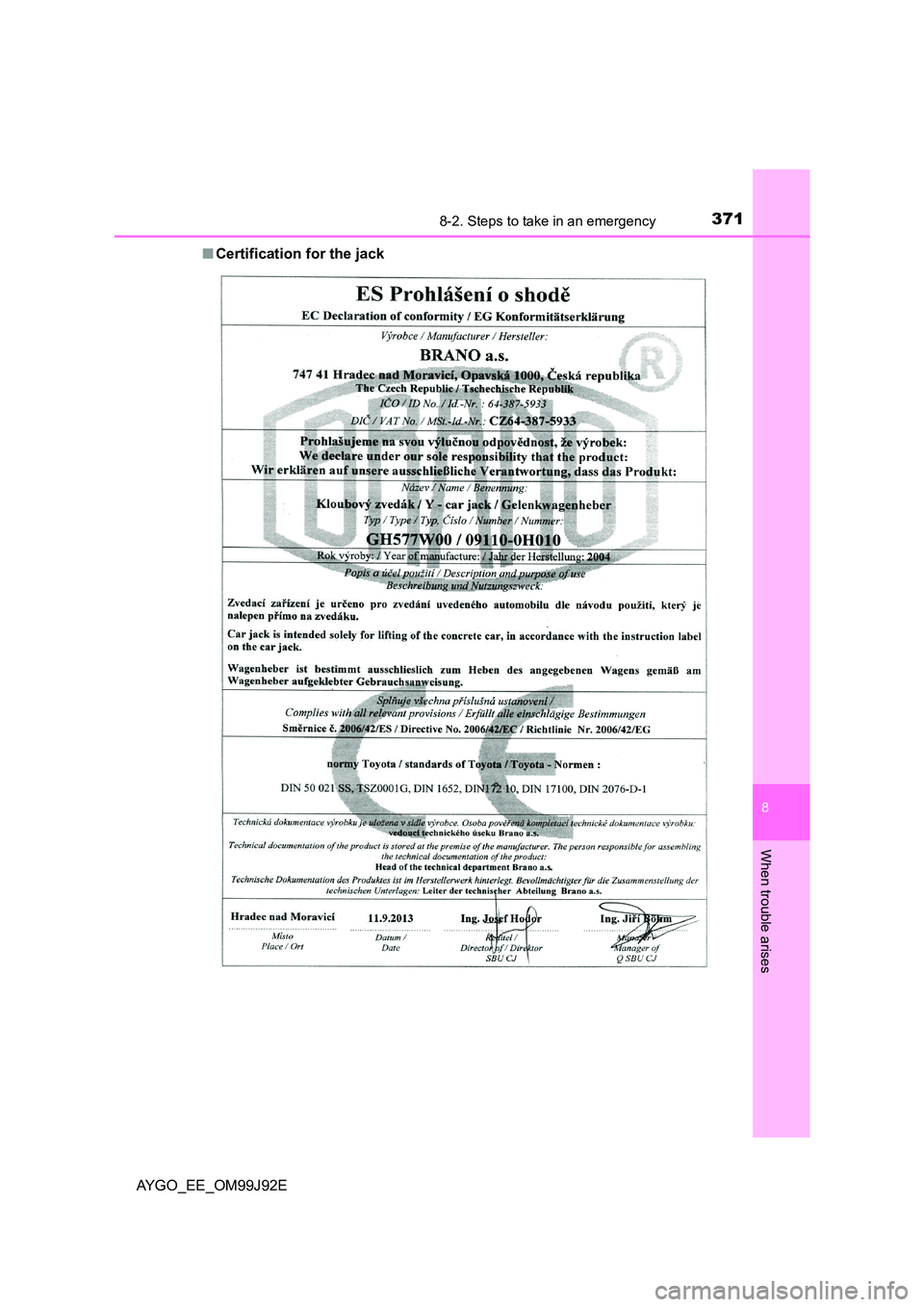 TOYOTA AYGO 2015  Owners Manual (in English) 3718-2. Steps to take in an emergency
8
When trouble arises
AYGO_EE_OM99J92E 
■ Certification for the jack 