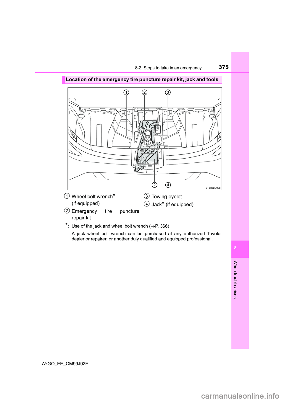 TOYOTA AYGO 2015  Owners Manual (in English) 3758-2. Steps to take in an emergency
8
When trouble arises
AYGO_EE_OM99J92E
*:  Use of the jack and wheel bolt wrench (→P. 366) 
A jack wheel bolt wrench can be purchased at any authorized Toyota 
