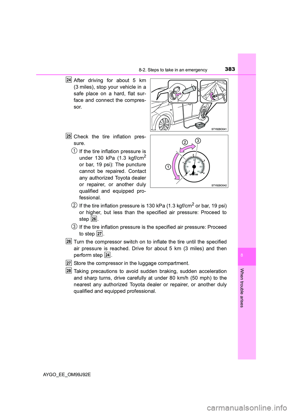 TOYOTA AYGO 2015  Owners Manual (in English) 3838-2. Steps to take in an emergency
8
When trouble arises
AYGO_EE_OM99J92E
After driving for about 5 km 
(3 miles), stop your vehicle in a 
safe place on a hard, flat sur- 
face and connect the comp
