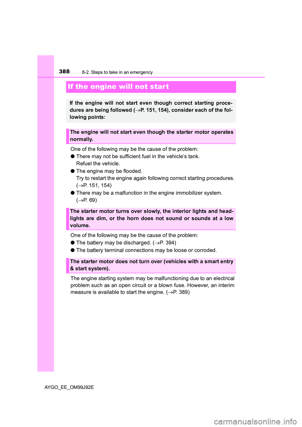 TOYOTA AYGO 2015  Owners Manual (in English) 3888-2. Steps to take in an emergency
AYGO_EE_OM99J92E
If the engine will not star t
One of the following may be the cause of the problem: 
● There may not be sufficient fuel in the vehicle’s tank