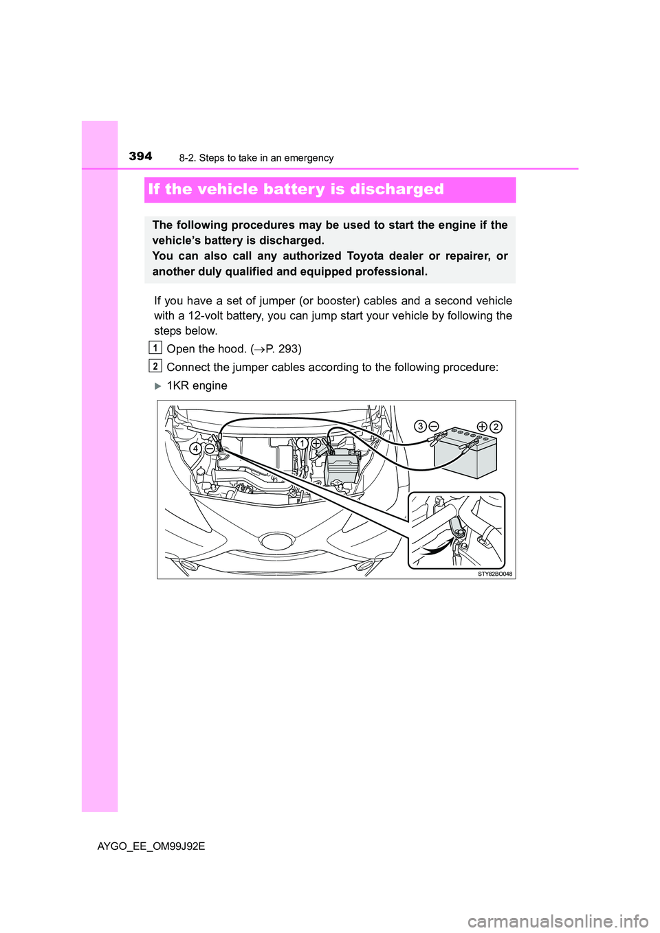 TOYOTA AYGO 2015  Owners Manual (in English) 3948-2. Steps to take in an emergency
AYGO_EE_OM99J92E
If the vehicle batter y is discharged
If you have a set of jumper (or booster) cables and a second vehicle 
with a 12-volt battery, you can jump 