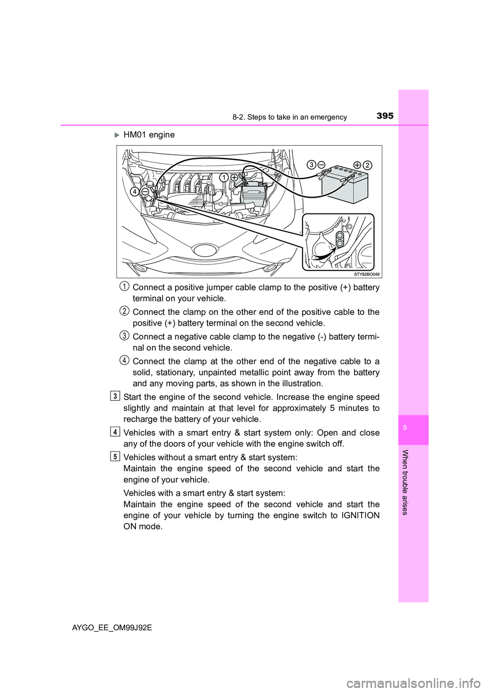 TOYOTA AYGO 2015  Owners Manual (in English) 3958-2. Steps to take in an emergency
8
When trouble arises
AYGO_EE_OM99J92E
�XHM01 engine 
Connect a positive jumper cable clamp to the positive (+) battery 
terminal on your vehicle. 
Connect the cl