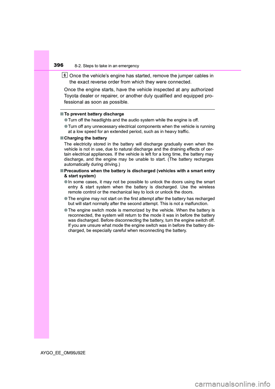 TOYOTA AYGO 2015  Owners Manual (in English) 3968-2. Steps to take in an emergency
AYGO_EE_OM99J92E
Once the vehicle’s engine has started, remove the jumper cables in 
the exact reverse order from which they were connected. 
Once the engine st