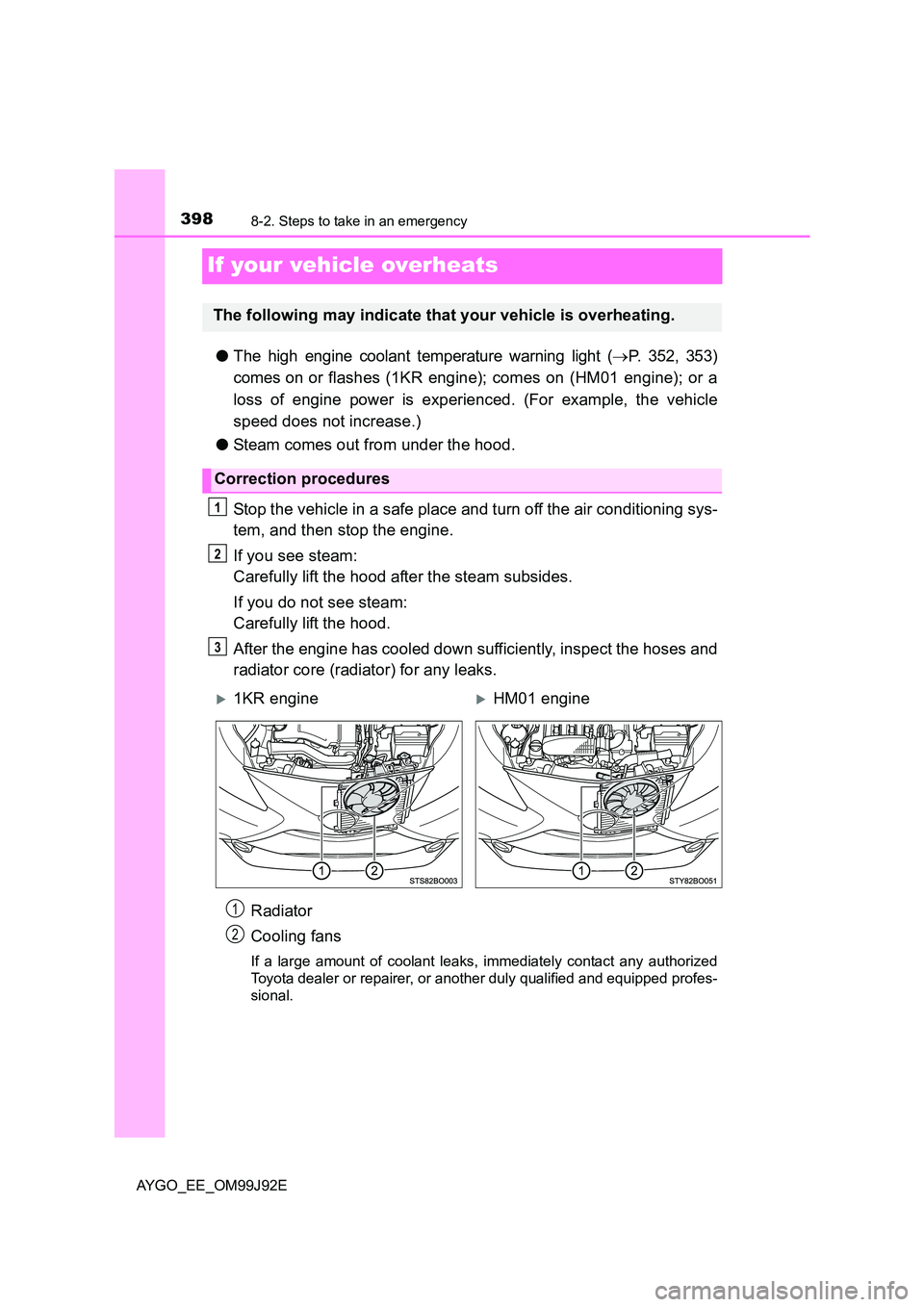 TOYOTA AYGO 2015  Owners Manual (in English) 3988-2. Steps to take in an emergency
AYGO_EE_OM99J92E
If your vehicle overheats
●The high engine coolant temperature warning light (→P. 352, 353) 
comes on or flashes (1KR engine); comes on (HM01