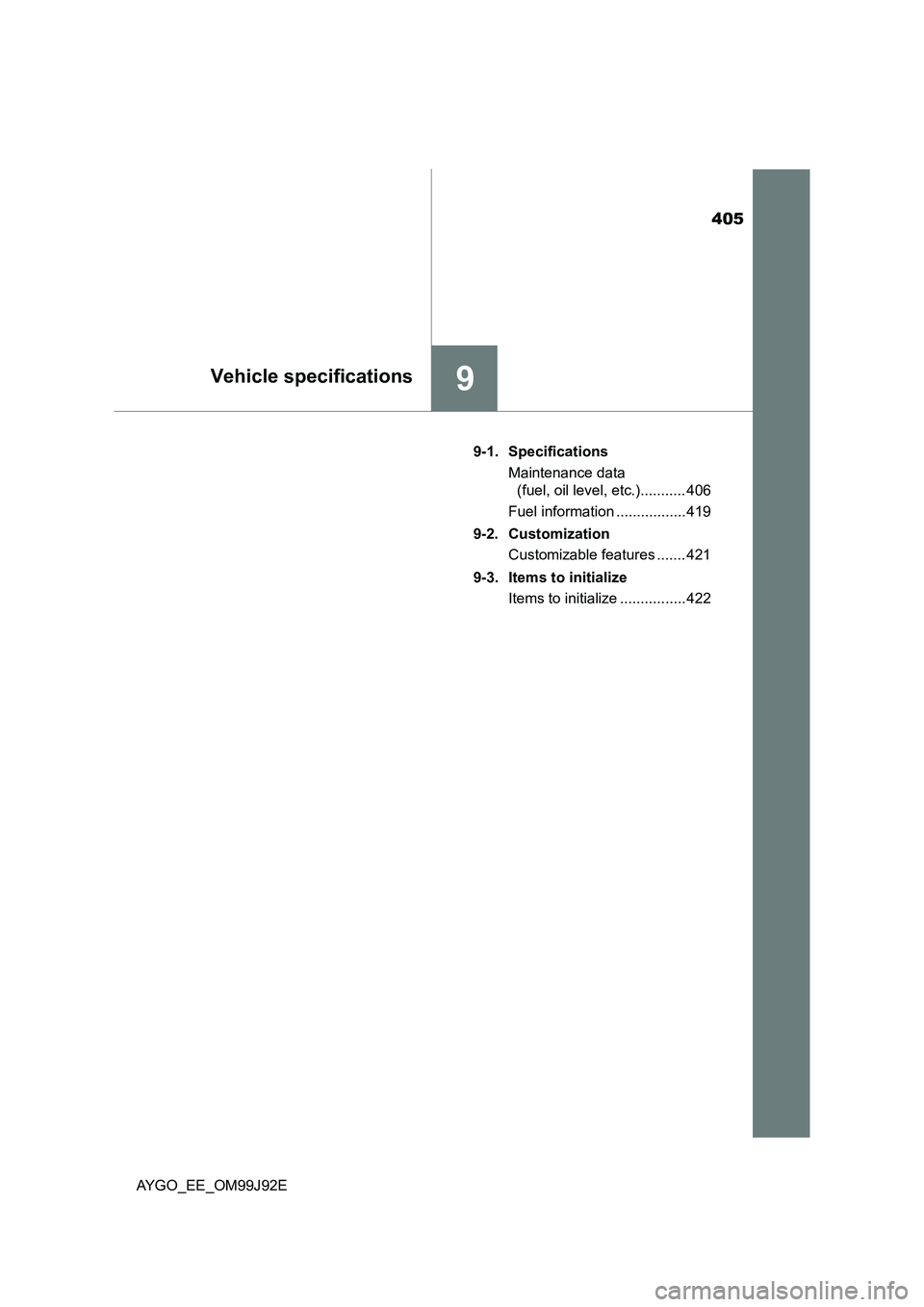 TOYOTA AYGO 2015  Owners Manual (in English) 405
9Vehicle specifications
AYGO_EE_OM99J92E 
9-1. Specifications 
Maintenance data  
(fuel, oil level, etc.)........... 406 
Fuel information ................. 419 
9-2. Customization 
Customizable f