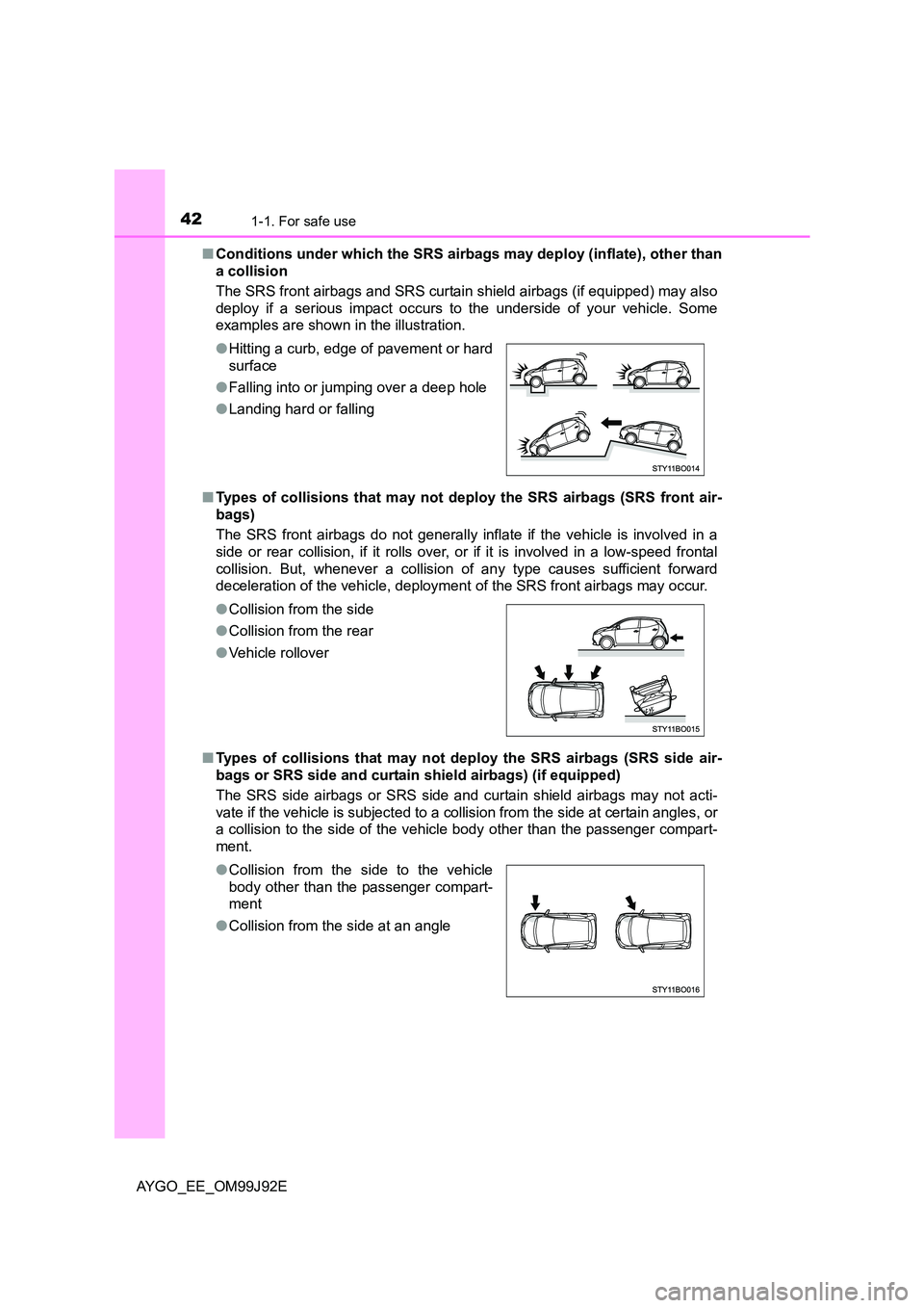 TOYOTA AYGO 2015 Owners Manual (in English) 421-1. For safe use
AYGO_EE_OM99J92E
■ Conditions under which the SRS airbags may deploy (inflate), other than
a collision
The SRS front airbags and SRS curtain shield airbags (if equipped) may TOYOTA AYGO 2015 Owners Manual (in English) 421-1. For safe use
AYGO_EE_OM99J92E
■ Conditions under which the SRS airbags may deploy (inflate), other than
a collision
The SRS front airbags and SRS curtain shield airbags (if equipped) may