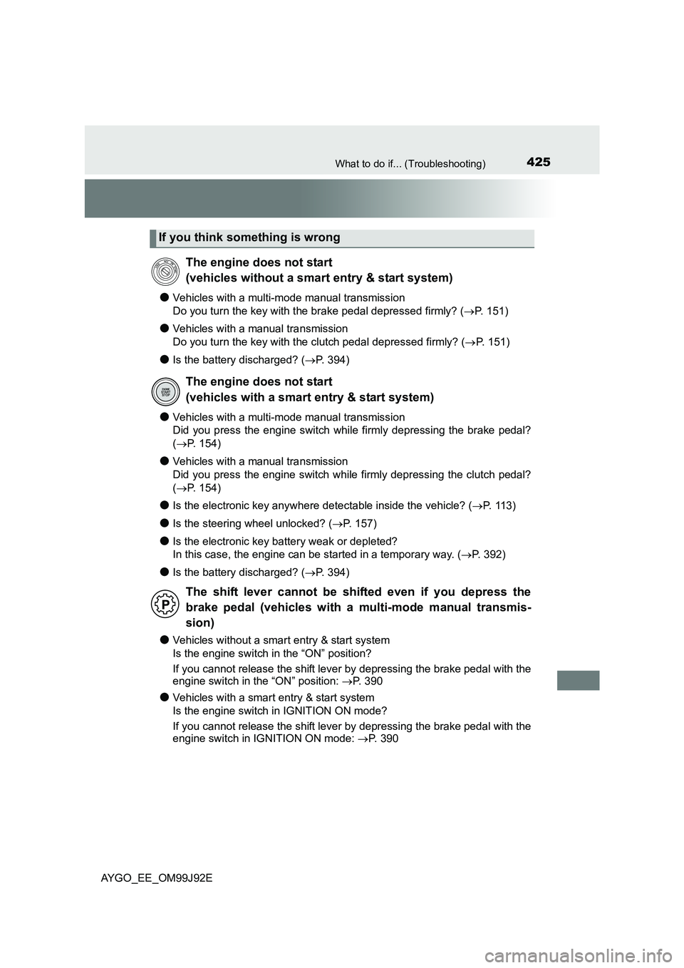TOYOTA AYGO 2015  Owners Manual (in English) 425What to do if... (Troubleshooting)
AYGO_EE_OM99J92E
●Vehicles with a multi-mode manual transmission 
Do you turn the key with the brake pedal depressed firmly? ( →P. 151)
●Vehicles with a man