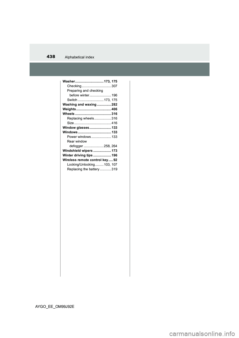 TOYOTA AYGO 2015  Owners Manual (in English) 438Alphabetical index
AYGO_EE_OM99J92E
Washer .............................. 173, 175 
Checking ............................... 307
Preparing and checking 
before winter....................... 196 
Sw