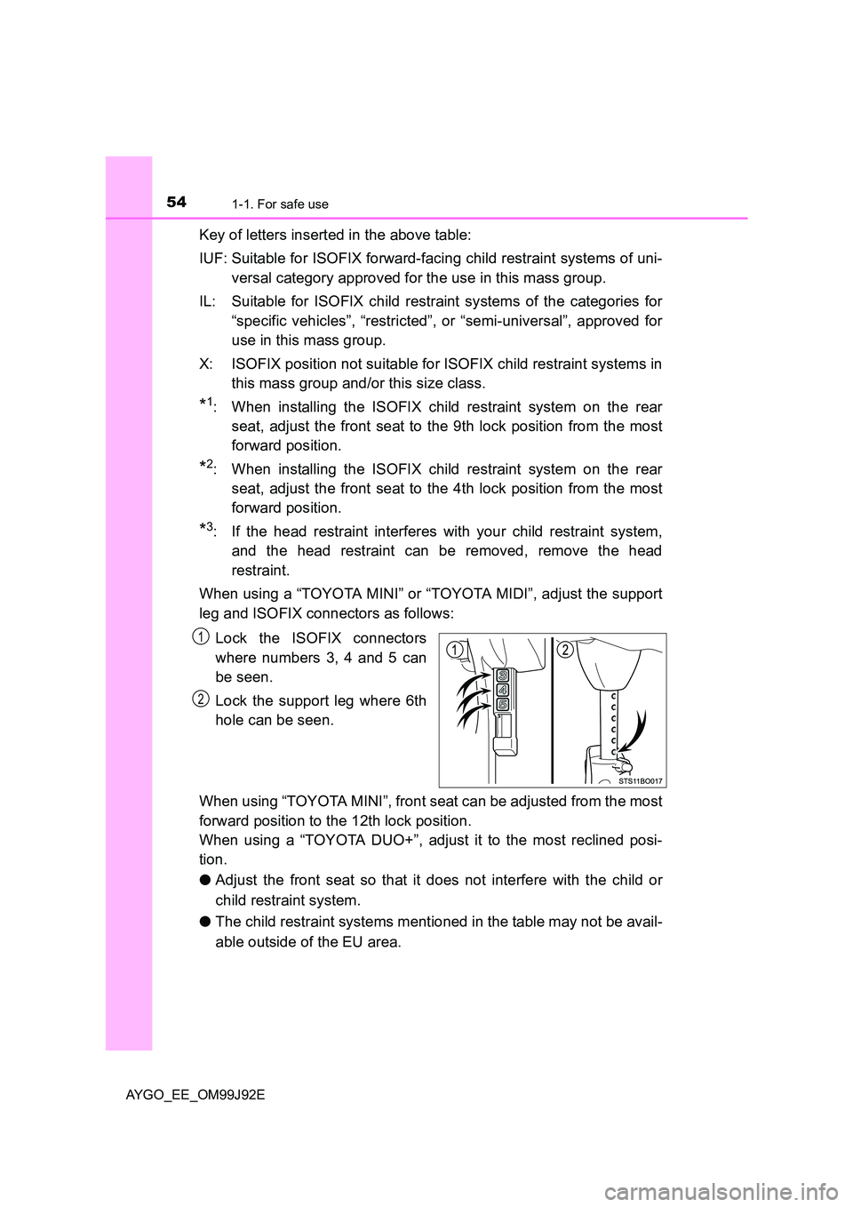 TOYOTA AYGO 2015  Owners Manual (in English) 541-1. For safe use
AYGO_EE_OM99J92E
Key of letters inserted in the above table: 
IUF: Suitable for ISOFIX forward-facing child restraint systems of uni- 
versal category approved for the use in this 
