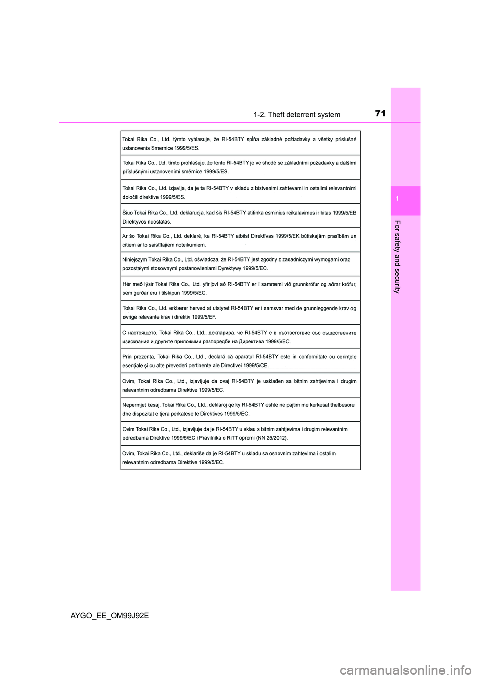 TOYOTA AYGO 2015  Owners Manual (in English) 711-2. Theft deterrent system
1
For safety and security
AYGO_EE_OM99J92E 