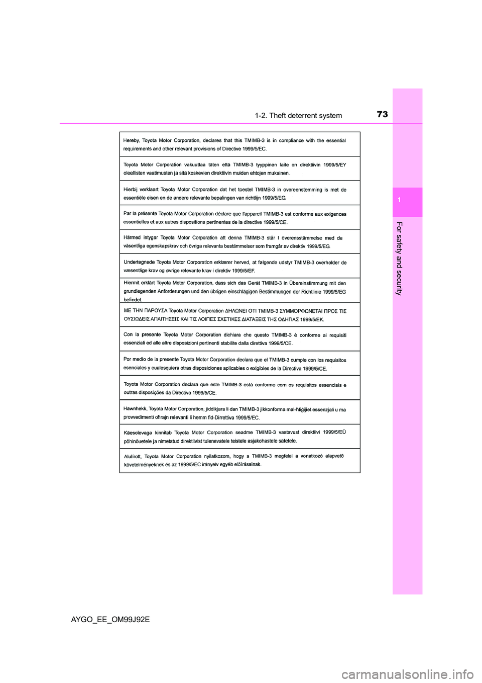 TOYOTA AYGO 2015  Owners Manual (in English) 731-2. Theft deterrent system
1
For safety and security
AYGO_EE_OM99J92E 