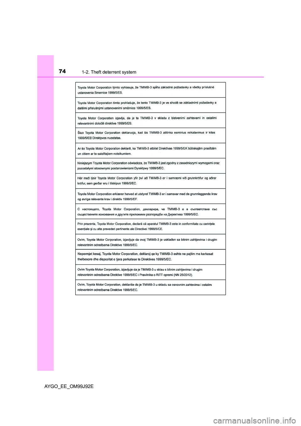 TOYOTA AYGO 2015  Owners Manual (in English) 741-2. Theft deterrent system
AYGO_EE_OM99J92E 