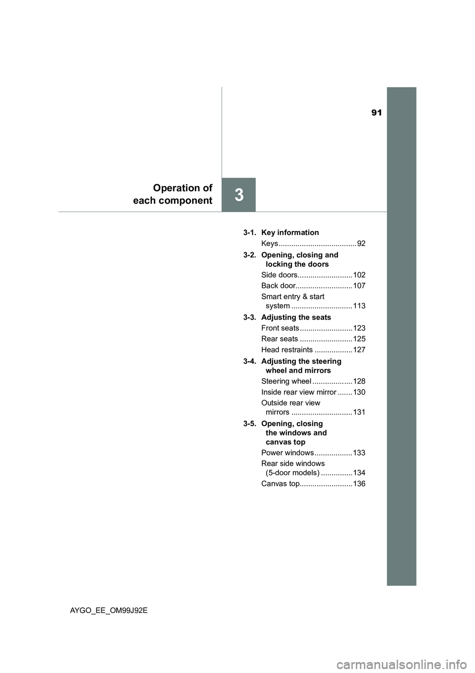 TOYOTA AYGO 2015  Owners Manual (in English) 91
3
Operation of 
each component
AYGO_EE_OM99J92E 
3-1. Key information 
Keys ..................................... 92 
3-2. Opening, closing and  
locking the doors 
Side doors......................