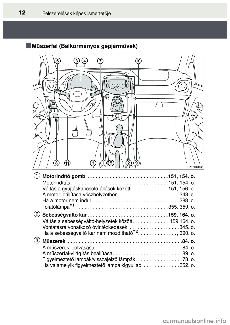 TOYOTA AYGO 2015  Kezelési útmutató (in Hungarian) 12Felszerelések képes ismertetője
M űszerfal (Balkormányos gépjárm űvek)
Motorindító gomb  . . . . . . . . . . . . . . . . . . . . . . . . . . . . . 151, 154. o.
Motorindítás . . . . . 