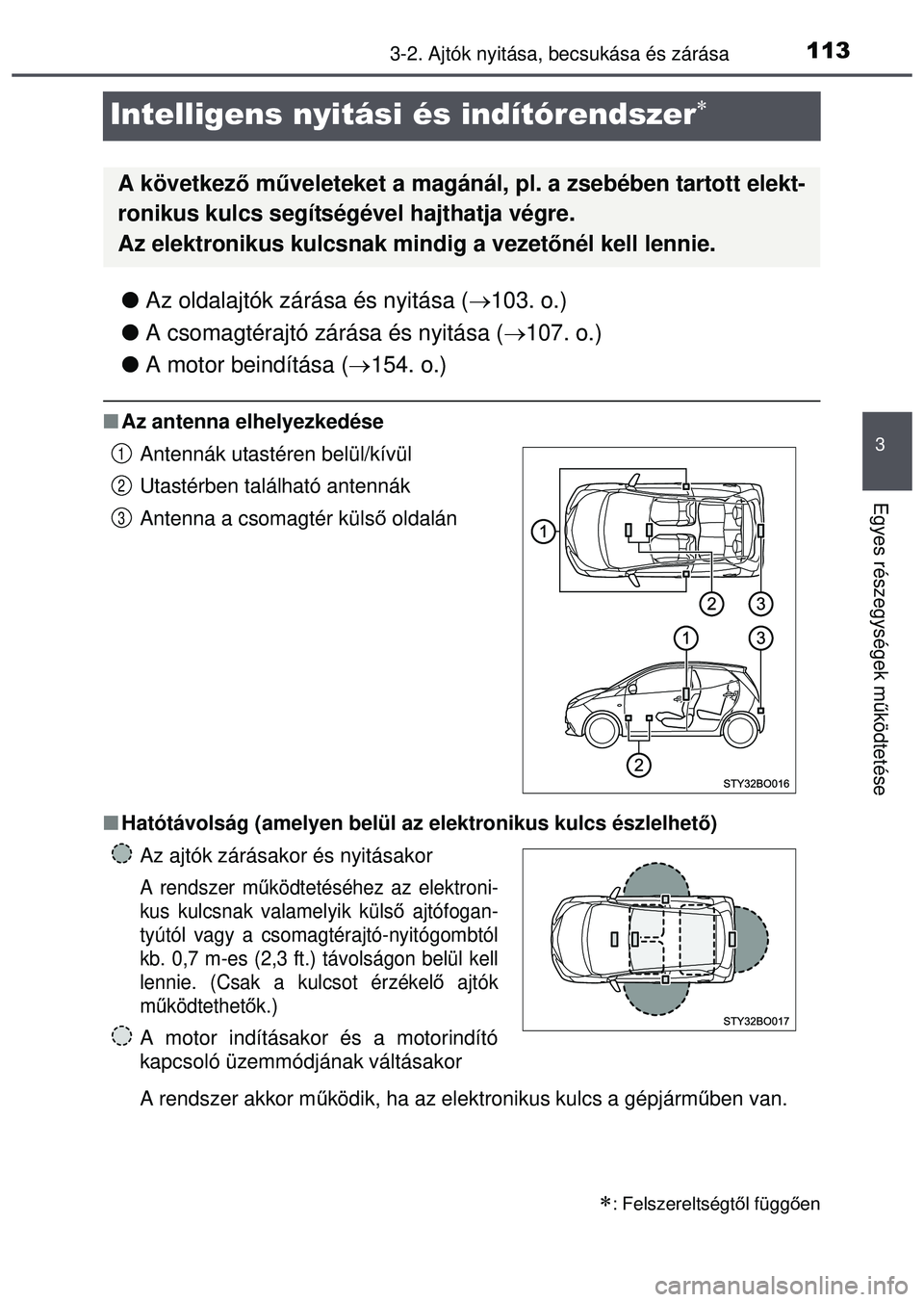 TOYOTA AYGO 2015  Kezelési útmutató (in Hungarian) 113
3
3-2. Ajtók nyitása, becsukása és zárása
Egyes részegységek m űködtetése
Intelligens nyitási és indítórendszer
 Az oldalajtók zárása és nyitása ( 103. o.)
 A csoma