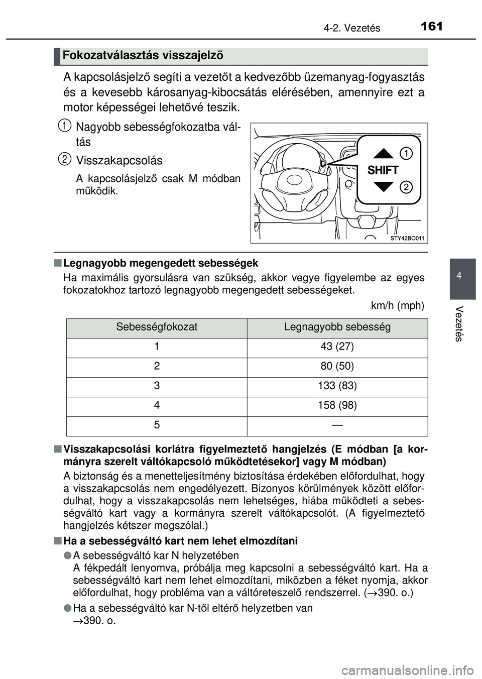 TOYOTA AYGO 2015  Kezelési útmutató (in Hungarian) 1614-2. Vezetés
4
Vezetés
A kapcsolásjelző segíti a vezet őt a kedvez őbb üzemanyag-fogyasztás
és a kevesebb károsanyag-kibocsátás elérésében, amennyire ezt a
motor képességei lehet 