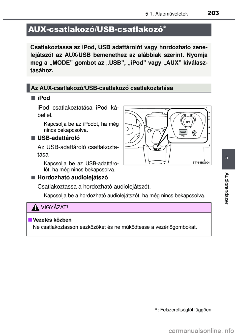 TOYOTA AYGO 2015  Kezelési útmutató (in Hungarian) 203
5
5-1. Alapműveletek
Audiorendszer
AUX-csatlakozó/USB-csatlakozó
iPod
iPod csatlakoztatása iPod ká-
bellel.
Kapcsolja be az iPodot, ha még
nincs bekapcsolva.

USB-adattároló
Az US