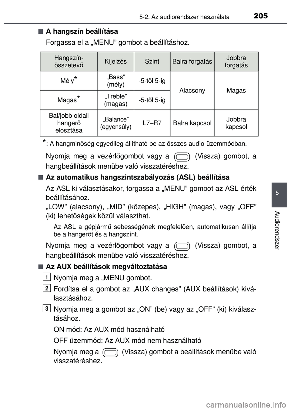 TOYOTA AYGO 2015  Kezelési útmutató (in Hungarian) 2055-2. Az audiorendszer használata
5
Audiorendszer
A hangszín beállítása
Forgassa el a „MENU” gombot a beállításhoz.
*: A hangminőség egyedileg állítható be az összes audio-üzem