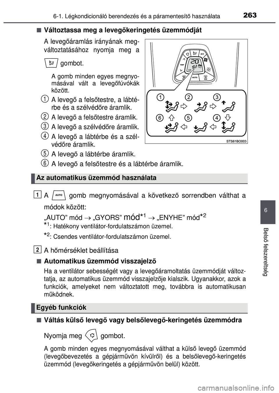 TOYOTA AYGO 2015  Kezelési útmutató (in Hungarian) 2636-1. Légkondicionáló berendezés és a páramentesítő használata
6
Bels ő felszereltség
Változtassa meg a leveg őkeringetés üzemmódját
A levegőáramlás irányának meg-
változta