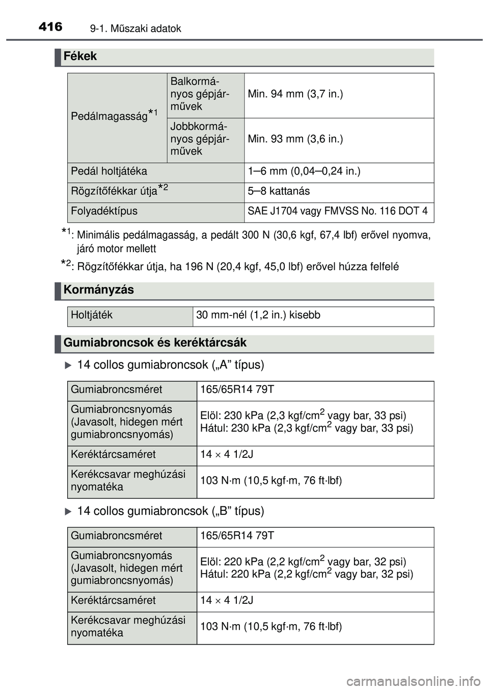 TOYOTA AYGO 2015  Kezelési útmutató (in Hungarian) 4169-1. Műszaki adatok
*1: Minimális pedálmagasság, a pedált 300 N (30,6 kgf, 67,4 lbf)\
 er ővel nyomva,
járó motor mellett
*2: Rögzítő fékkar útja, ha 196 N (20,4 kgf, 45,0 lbf) er őve