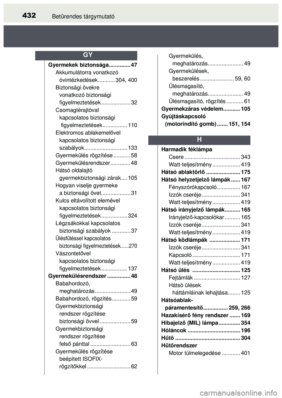 TOYOTA AYGO 2015  Kezelési útmutató (in Hungarian) 432Betűrendes tárgymutató
Gyermekek biztonsága.............. 47
Akkumulátorra vonatkozó óvintézkedések ........... 304, 400
Biztonsági övekre  vonatkozó biztonsági 
figyelmeztetések ....