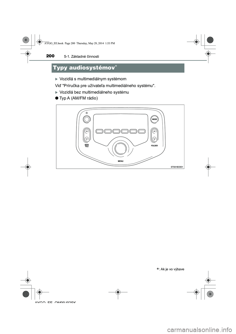 TOYOTA AYGO 2015  Návod na použitie (in Slovakian) 2005-1. Základné činnosti
AYGO EE OM99J92SK
Typy audiosystémov
Vozidlá s multimediálnym systémom 
Vi ď "Príručka pre užívateľa multimediálneho systému".
Vozidlá bez multimedi