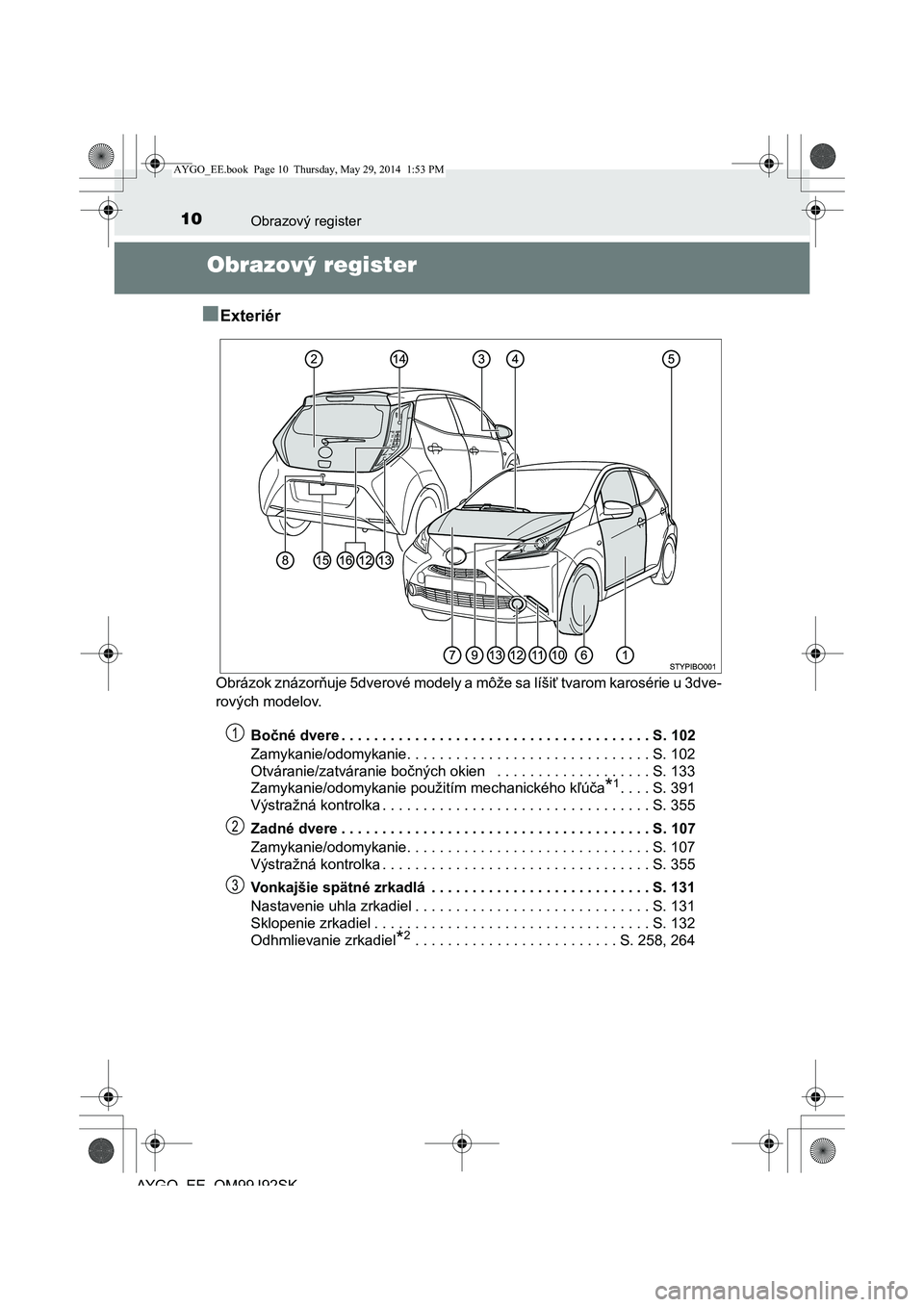 TOYOTA AYGO 2015 Návod na použitie (in Slovakian) 10Obrazový register
AYGO EE OM99J92SK
Obrazový register
■Exteriér
Obrázok znázor ňuje 5dverové modely a môže sa líšiť tvarom karosérie u 3dve-
rových modelov.
Bo čné dvere . . . . TOYOTA AYGO 2015 Návod na použitie (in Slovakian) 10Obrazový register
AYGO EE OM99J92SK
Obrazový register
■Exteriér
Obrázok znázor ňuje 5dverové modely a môže sa líšiť tvarom karosérie u 3dve-
rových modelov.
Bo čné dvere . . . .