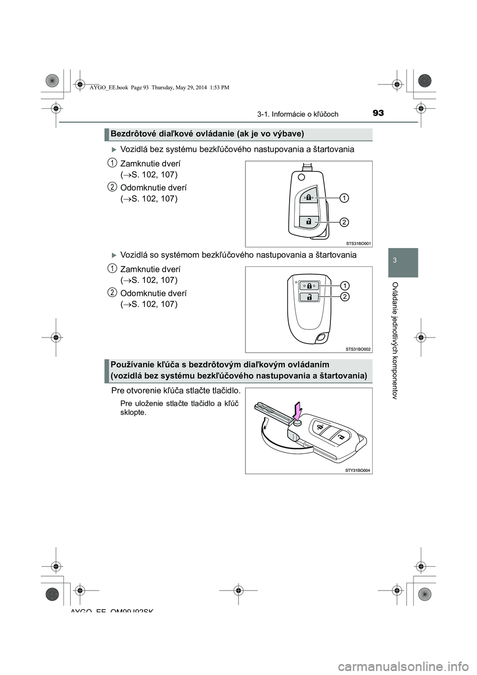 TOYOTA AYGO 2015  Návod na použitie (in Slovakian) 933-1. Informácie o kľúčoch
3
Ovládanie jednotlivých komponentov
AYGO EE OM99J92SK
Vozidlá bez systému bezkľúčového nastupovania a štartovania 
Zamknutie dverí  
( S. 102, 107) 
Od