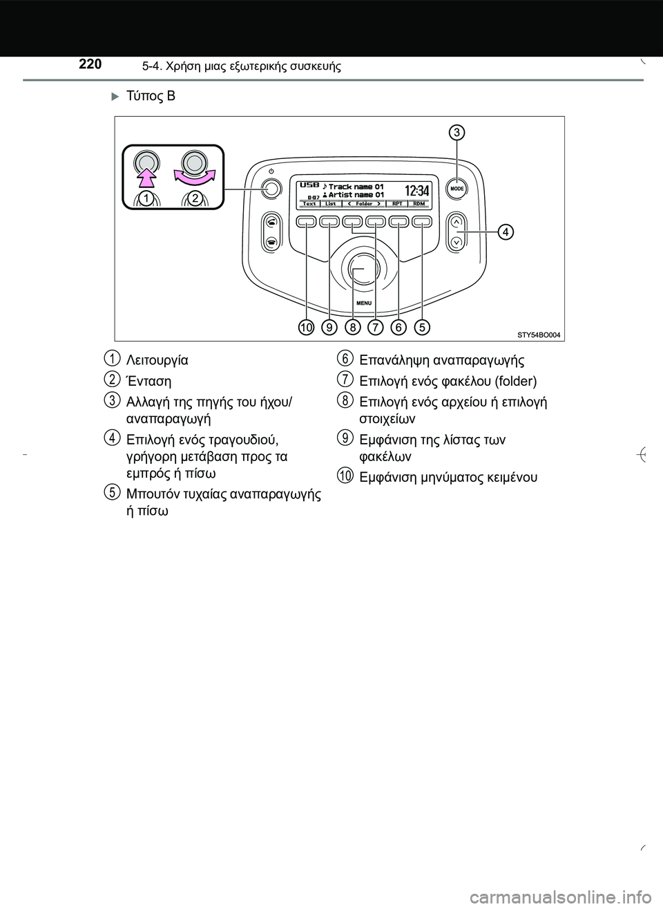 TOYOTA AYGO 2015  ΟΔΗΓΌΣ ΧΡΉΣΗΣ (in Greek) 2205-4. Χρήση μιας εξωτερικής συσκευής
Τύ π ο ς Β
Λειτουργία
Ένταση
Αλλαγή της πηγής του ήχου/
αναπαραγωγή
Επιλ